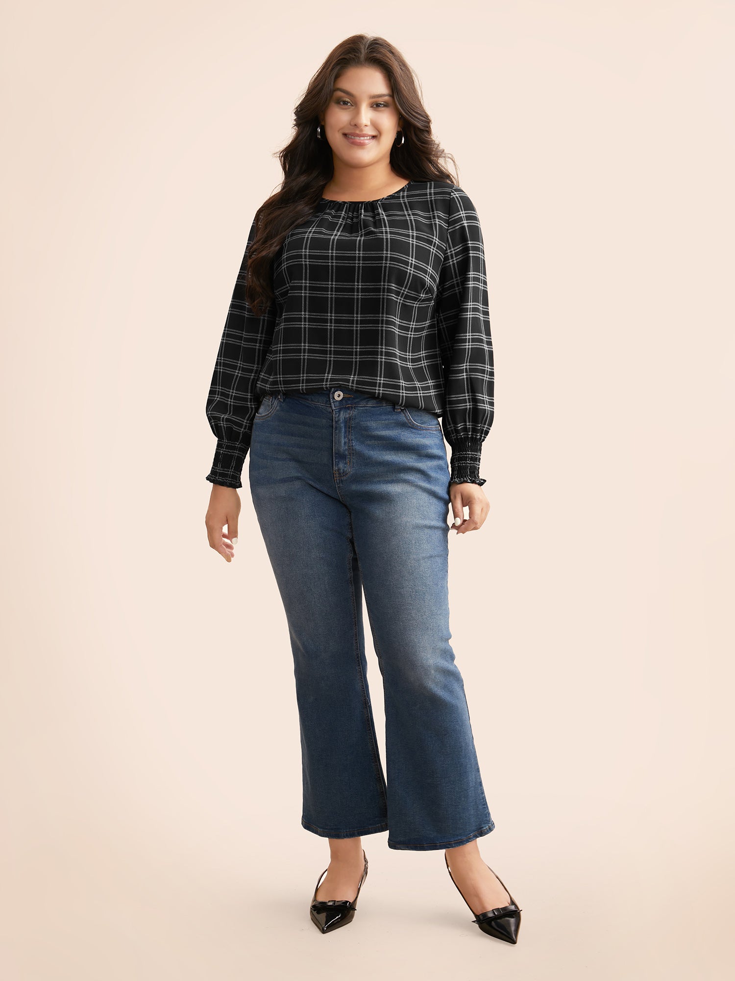 Plaid Gathered Lantern Sleeve Blouse