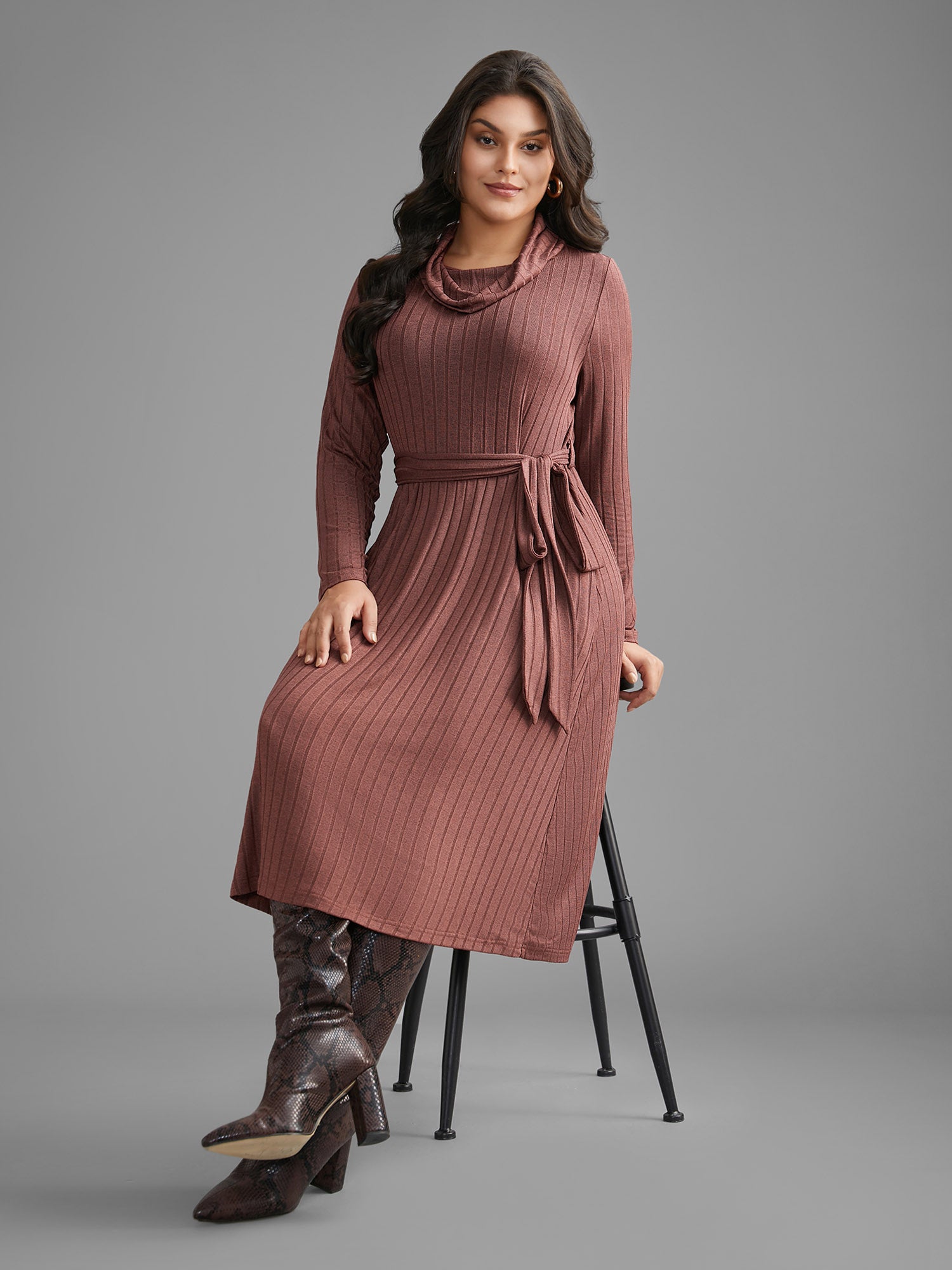 Pit Strip Turtleneck Belted Dress