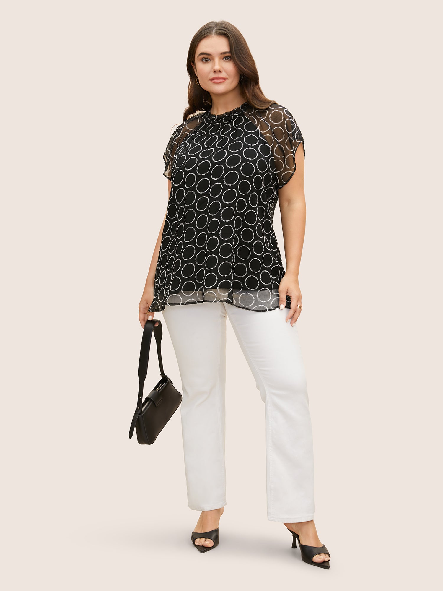 Polka Dot Mock Neck Mesh Patchwork Blouse