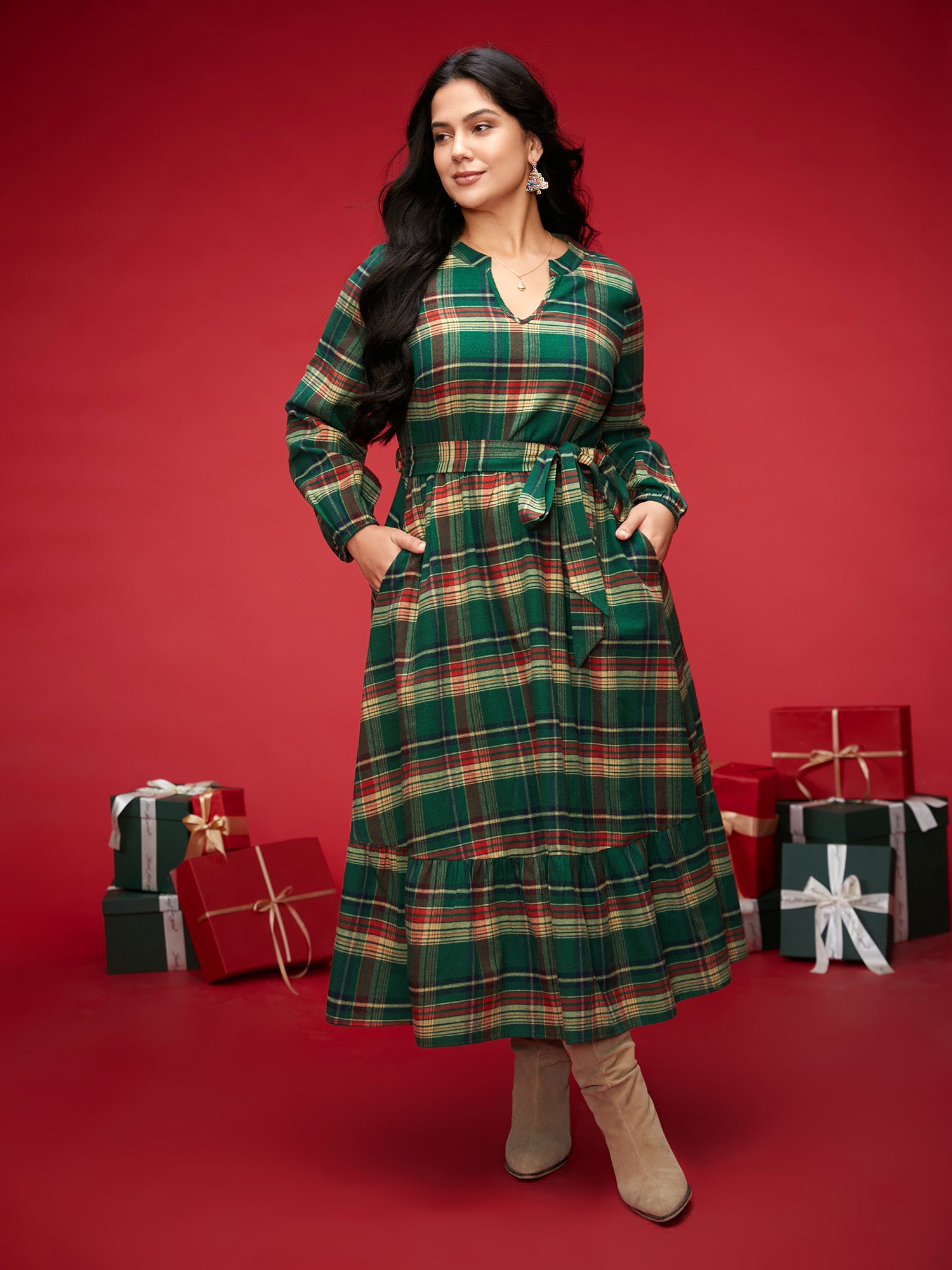 Festive Notched Collar Plaid Dress