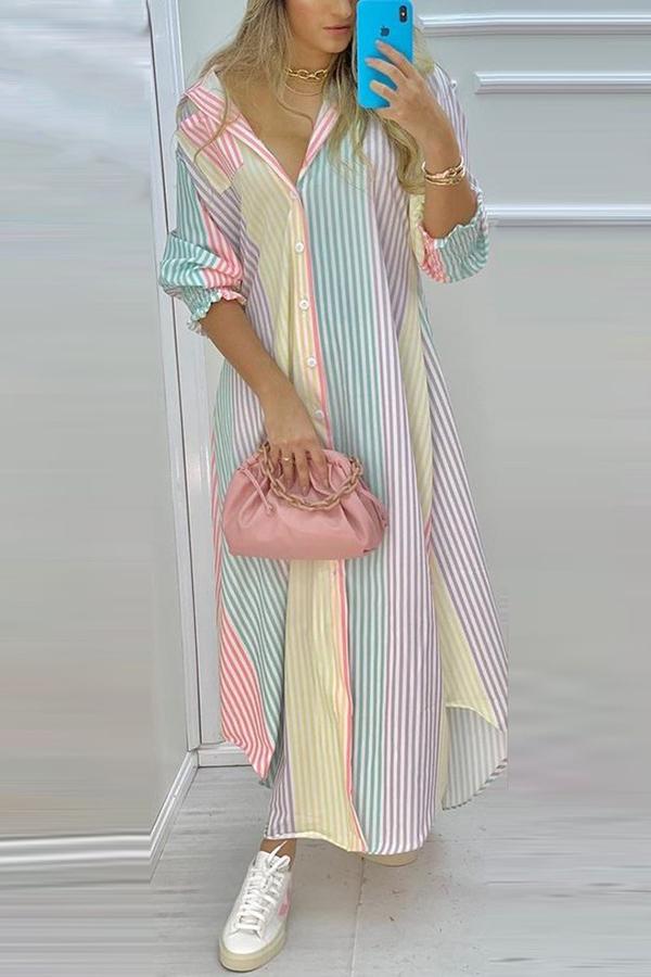 Colorful Stripe Button Down Long Shirt Dress