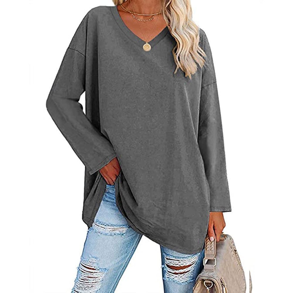 Multicolor - Women's Loose Long Sleeve Fashion V-neck Top
