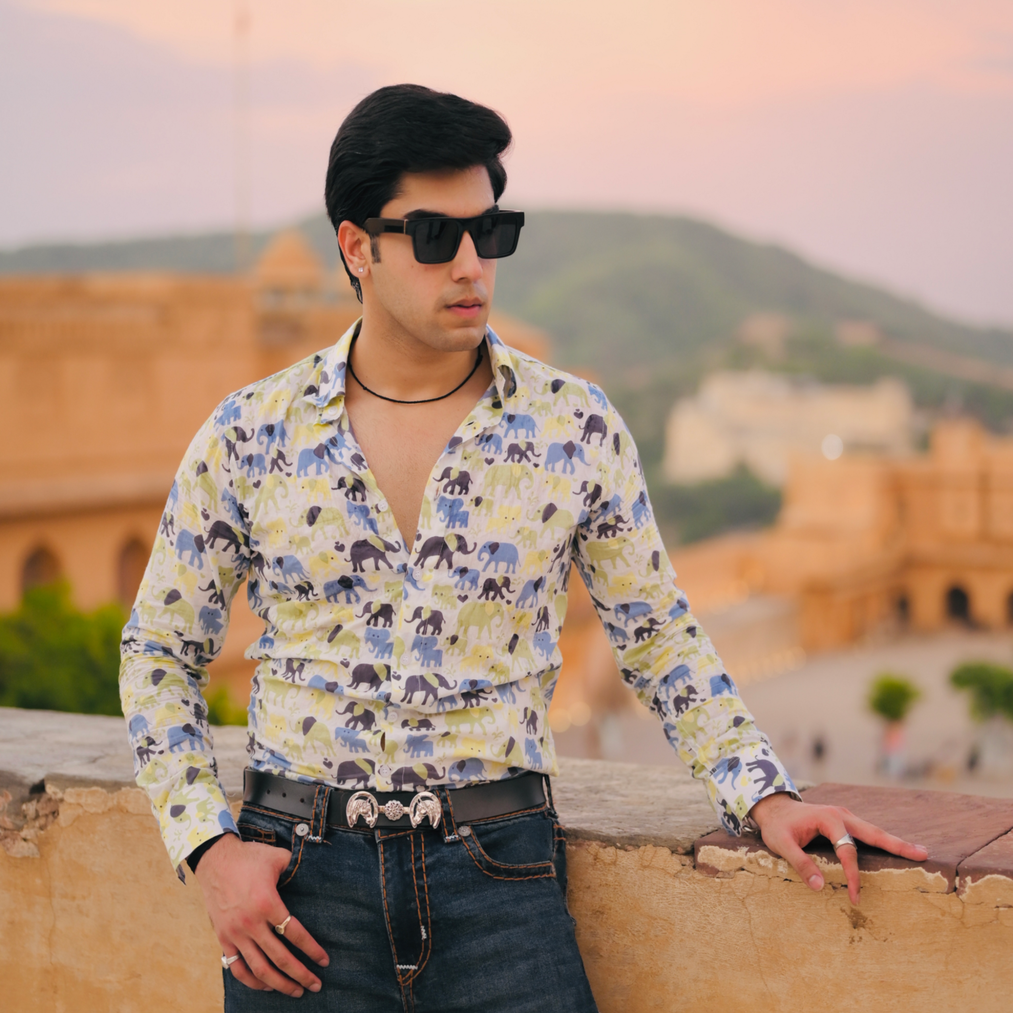Sanganeri Elephant Printed Antique White Shirt