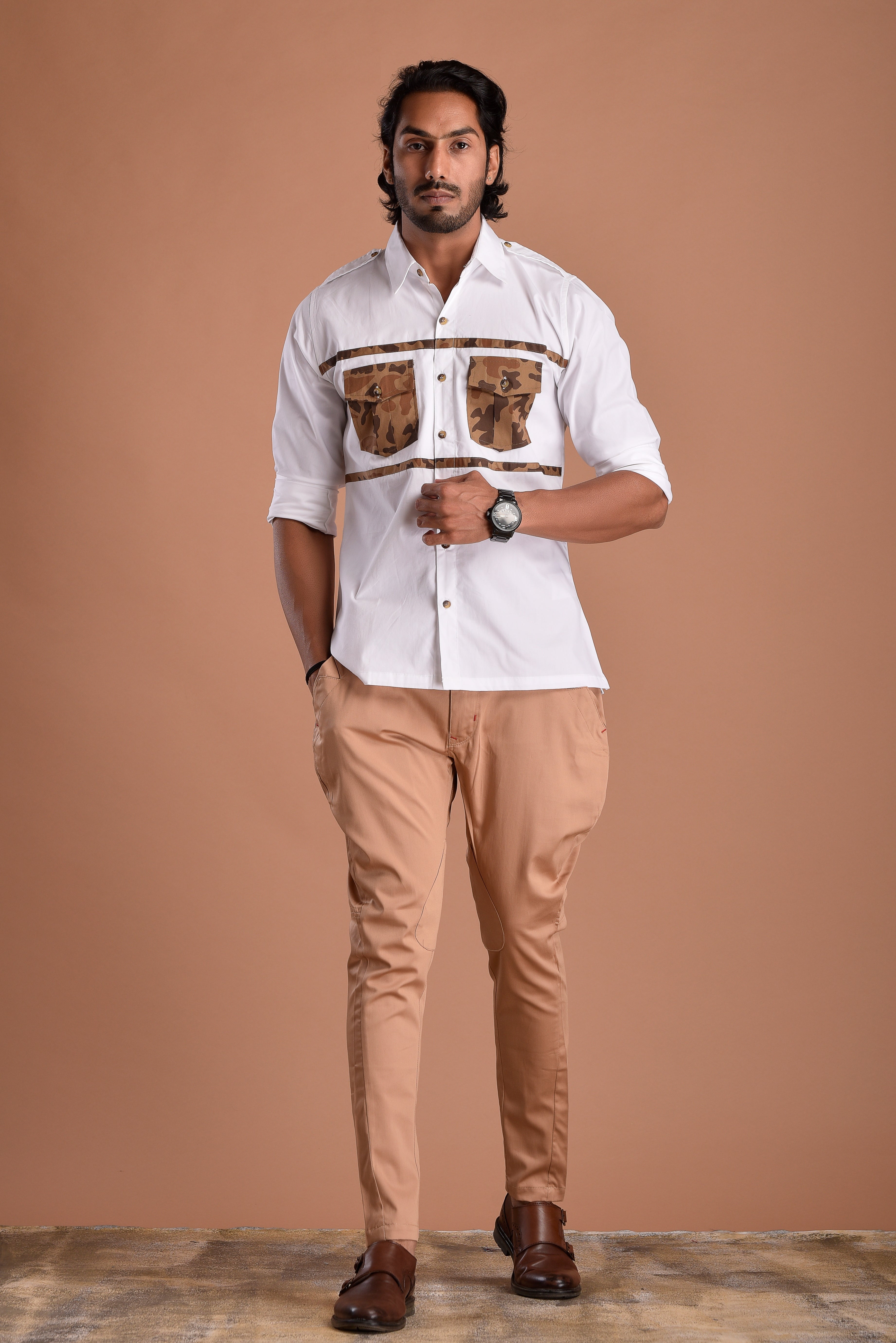 Classic White Hunting Style Shirt with Camouflage pockets