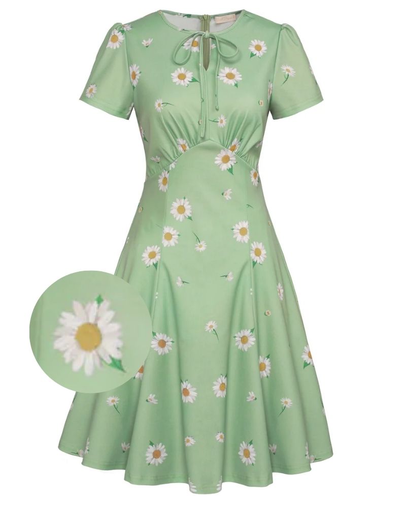 Vintage Daisy Pattern A-Line Swing Dress Keyhole Tie Dress Round Neck Work Dress Tea Dress