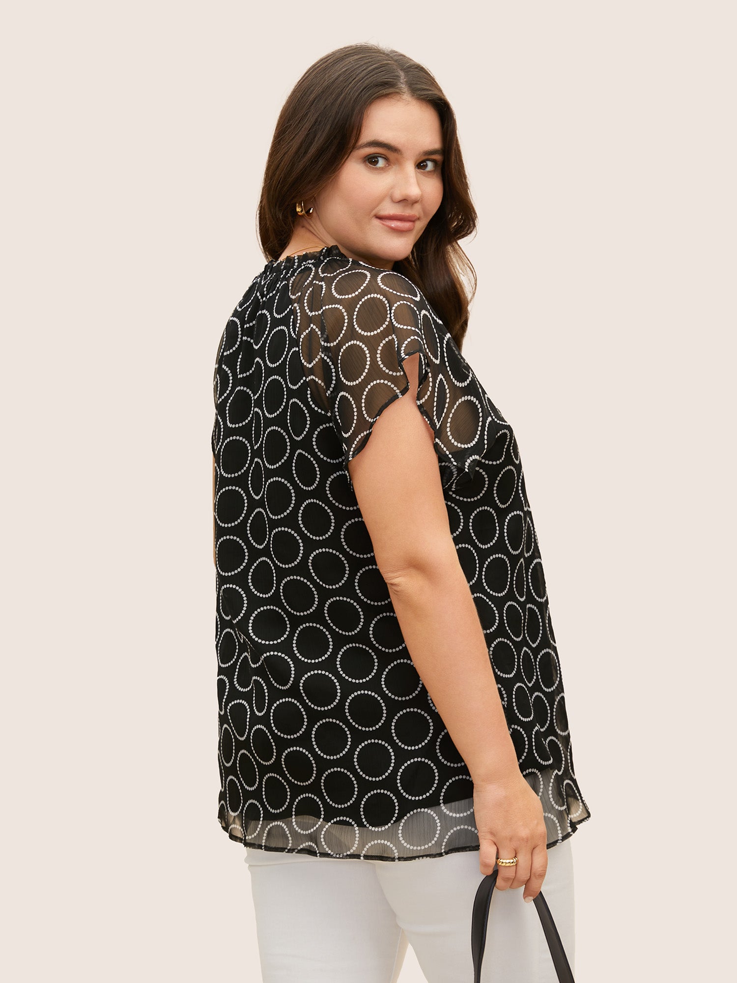 Polka Dot Mock Neck Mesh Patchwork Blouse