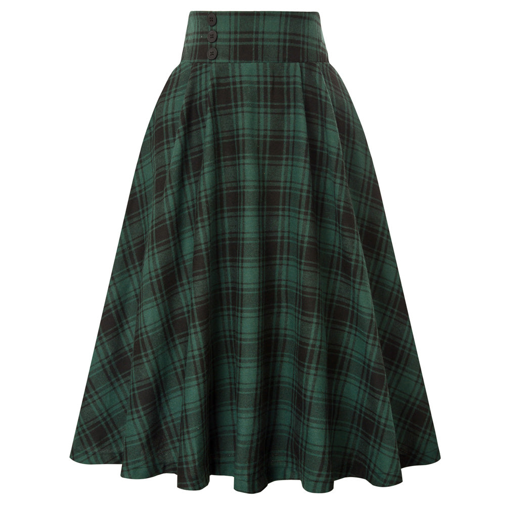 Vintage Fans Look of Elastic Waist Plaided Skirt High Waist Buttons Decorated Flared A-Line Skirt