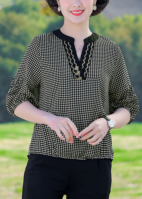 Coffee Plaid Patchwork Cotton T Shirt V Neck Summer
