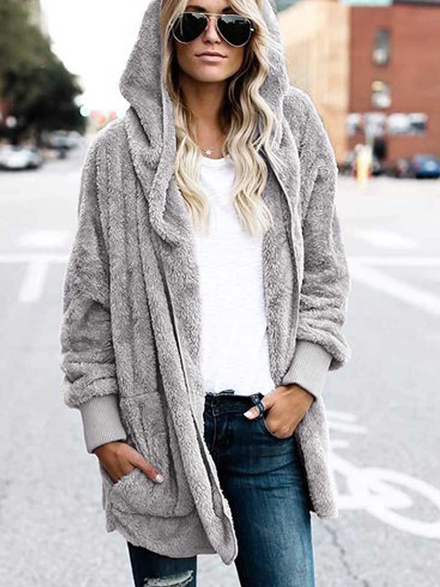 Solid Color Fleece Hooded Jacket