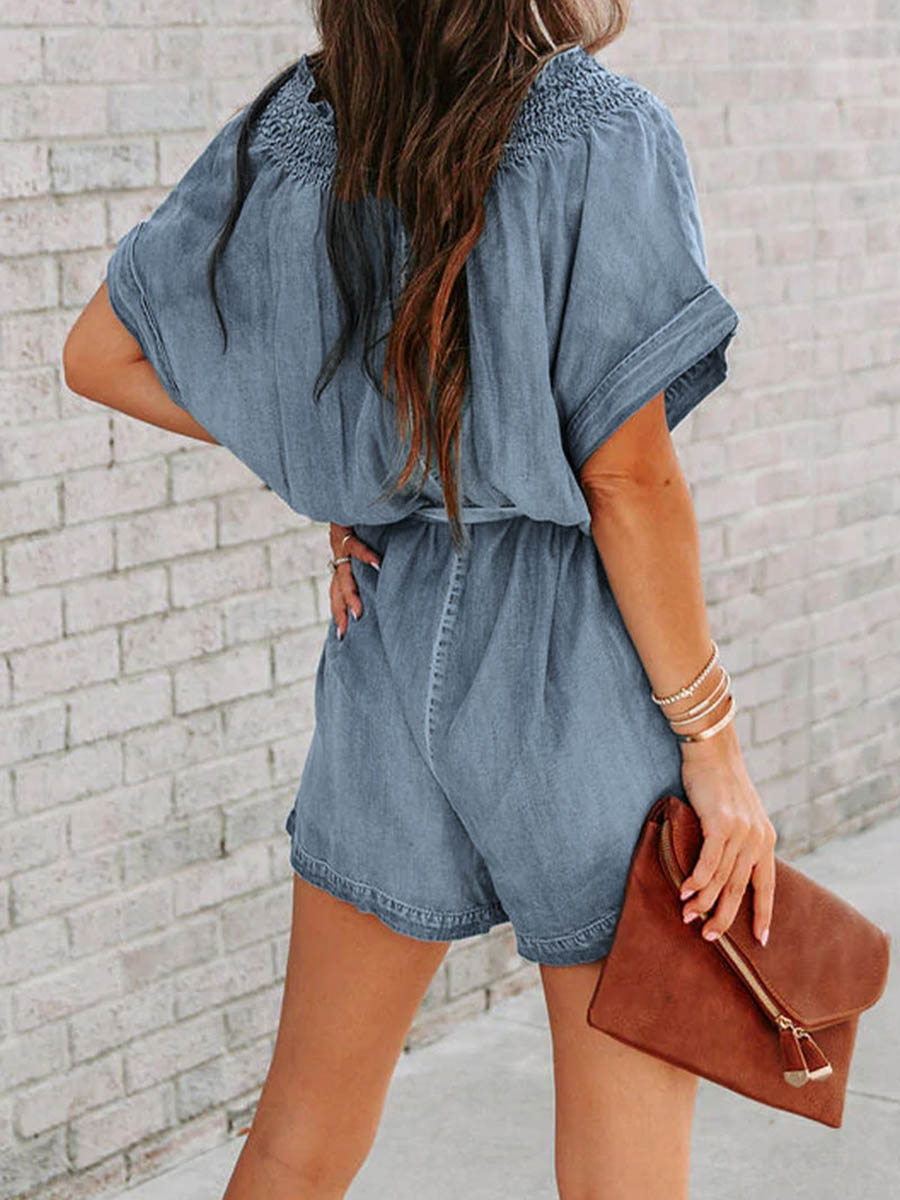 Street Solid Make Old V Neck Short Sleeve High Waist Loose Denim Jumpsuits