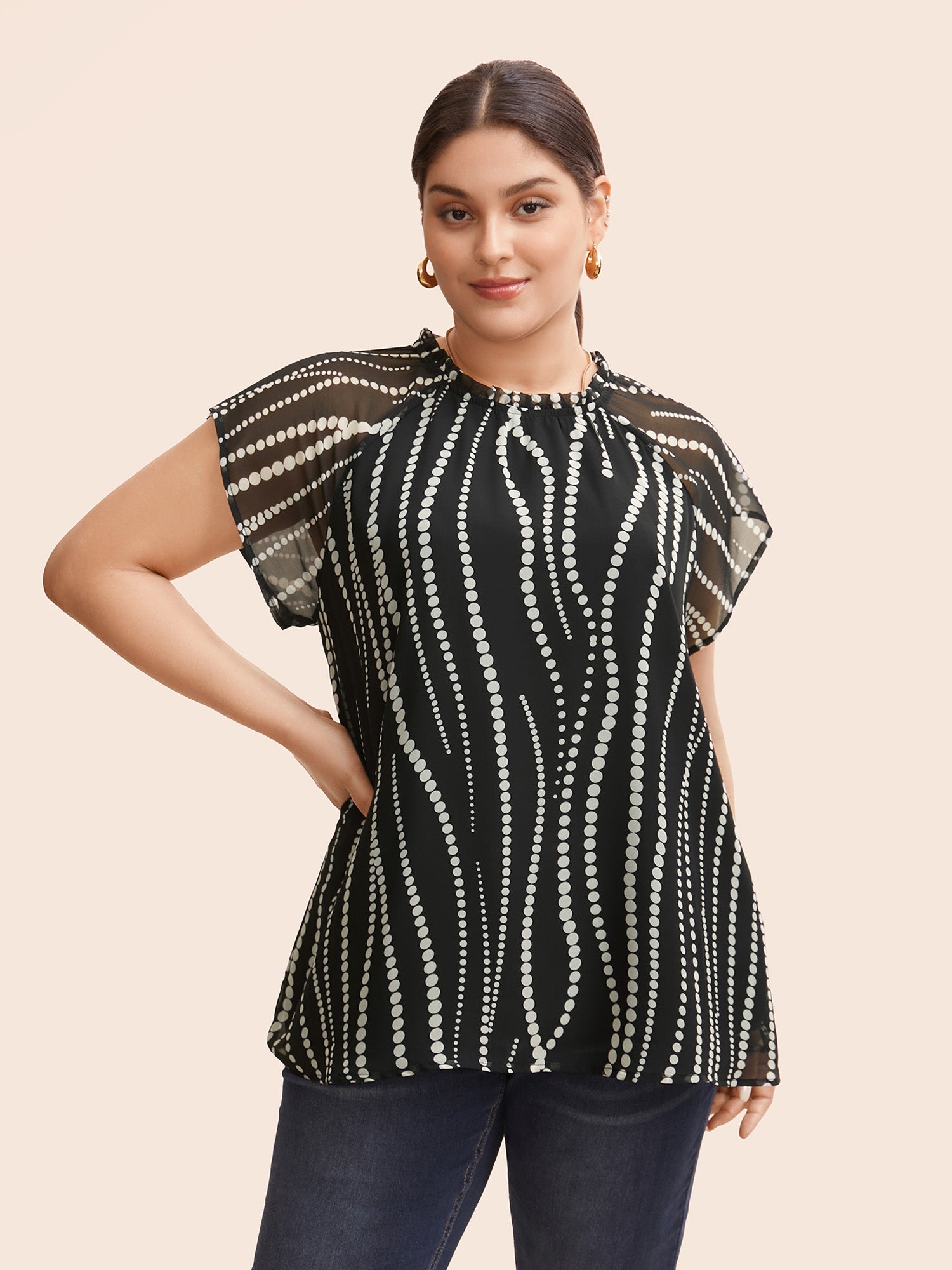 Polka Dot Mock Neck Mesh Patchwork Blouse