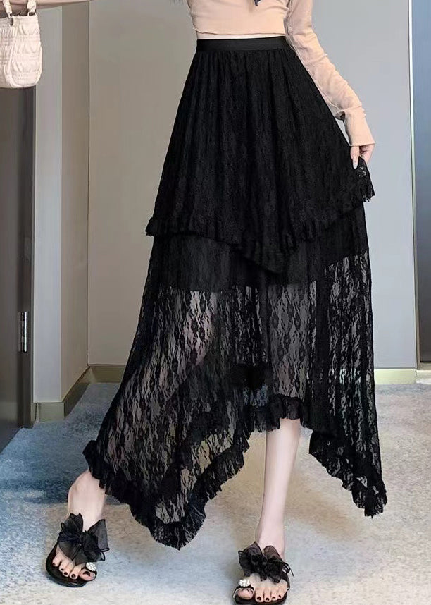 Black Asymmetrical Patchwork Lace Skirts Summer