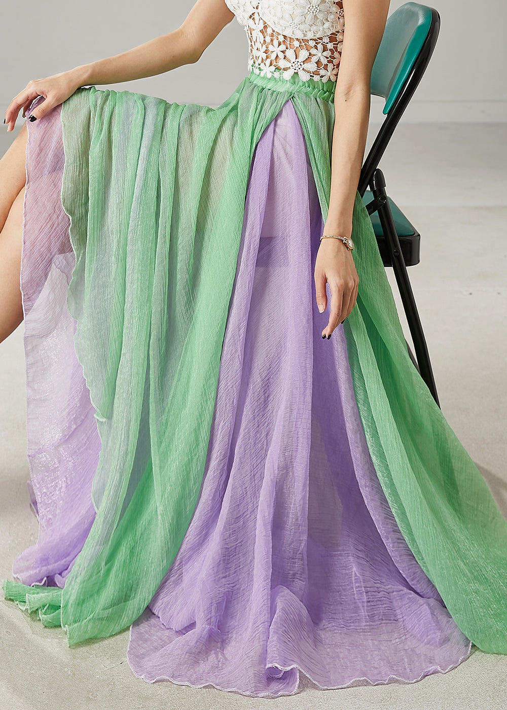 Bohemian Green Exra Large Hem Side Open Cotton Skirt Summer