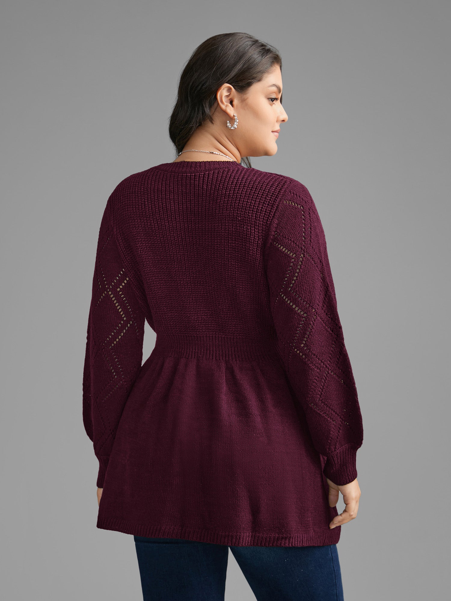 V Neck Lace Panel Lantern Sleeve Pullover