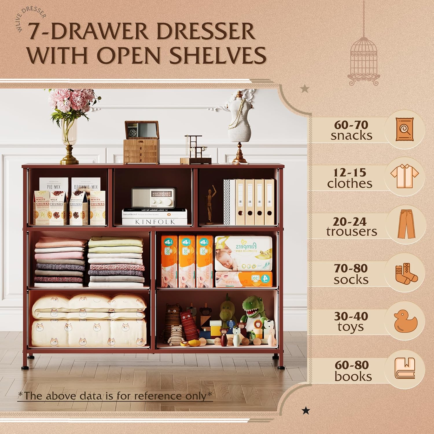 WLIVE 7 Drawer Dresser TV Stand, Dressers for Bedroom, Fabric Storage Tower