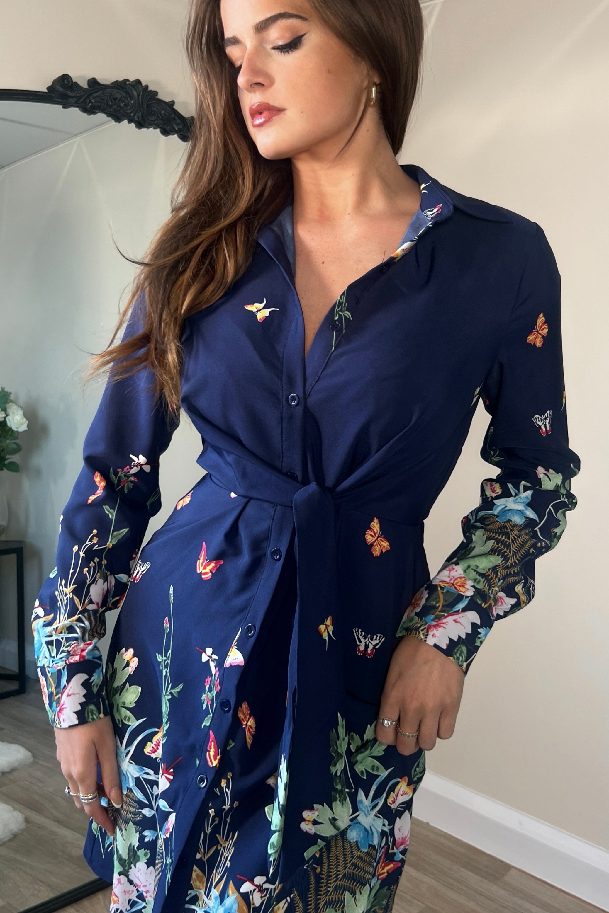 Verity Tie Detail Long Sleeves Mini Shirt Dress Navy