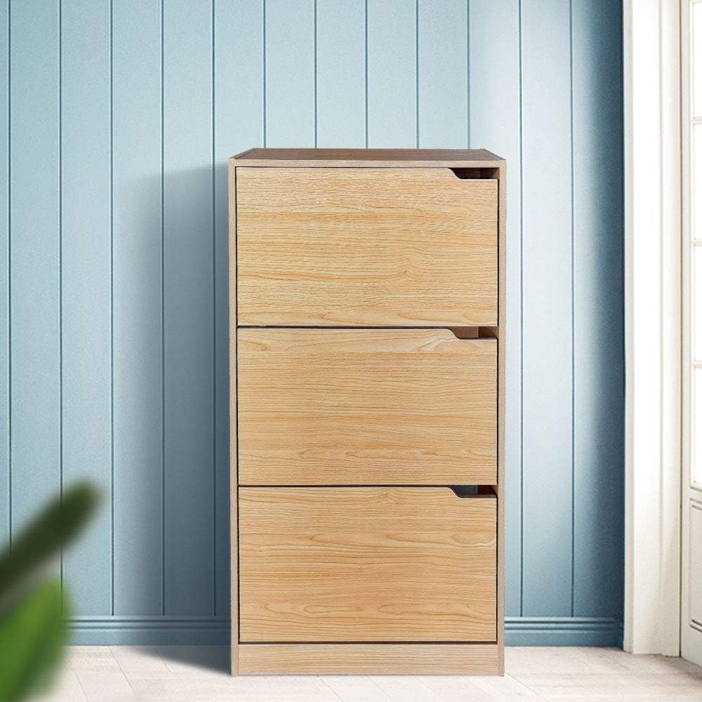 Wood Shoe Cabinet with 3 Doors, Shoe Cabinets, Retractable Handles, Double Depth, 63 x 24 x 115 cm