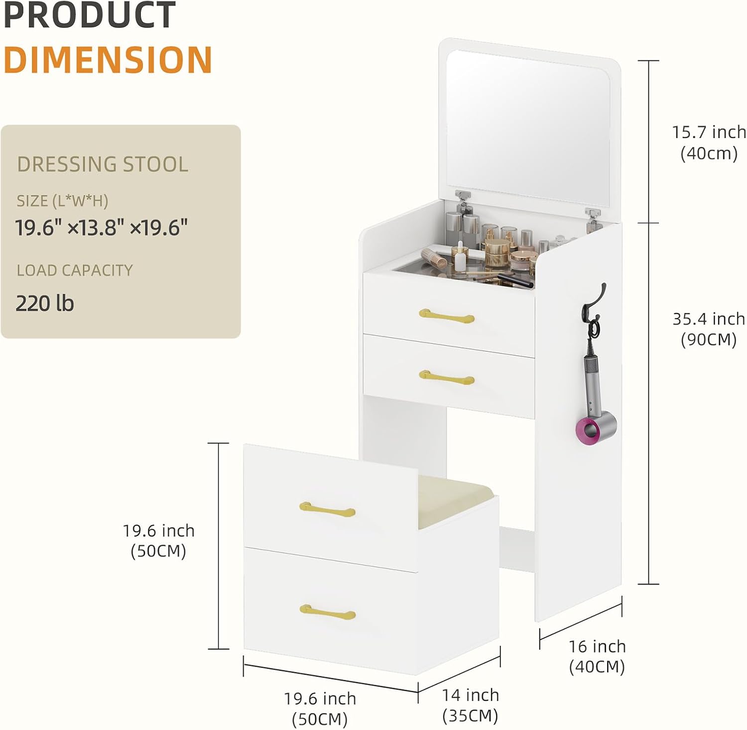 3 in 1 Vanity Desk with Flip Top Mirror for Bedroom