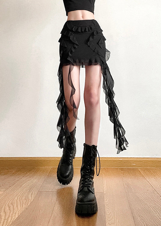 Slim Fit Black Ruffled Patchwork Tulle Short Skirts Summer