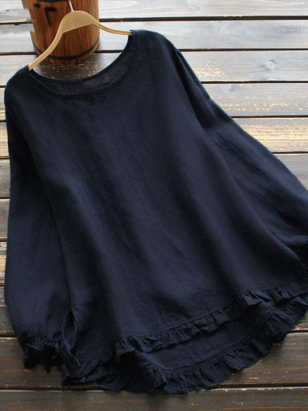 Women's Cotton Linen Solid Color Round Neck Long Sleeve Shirt