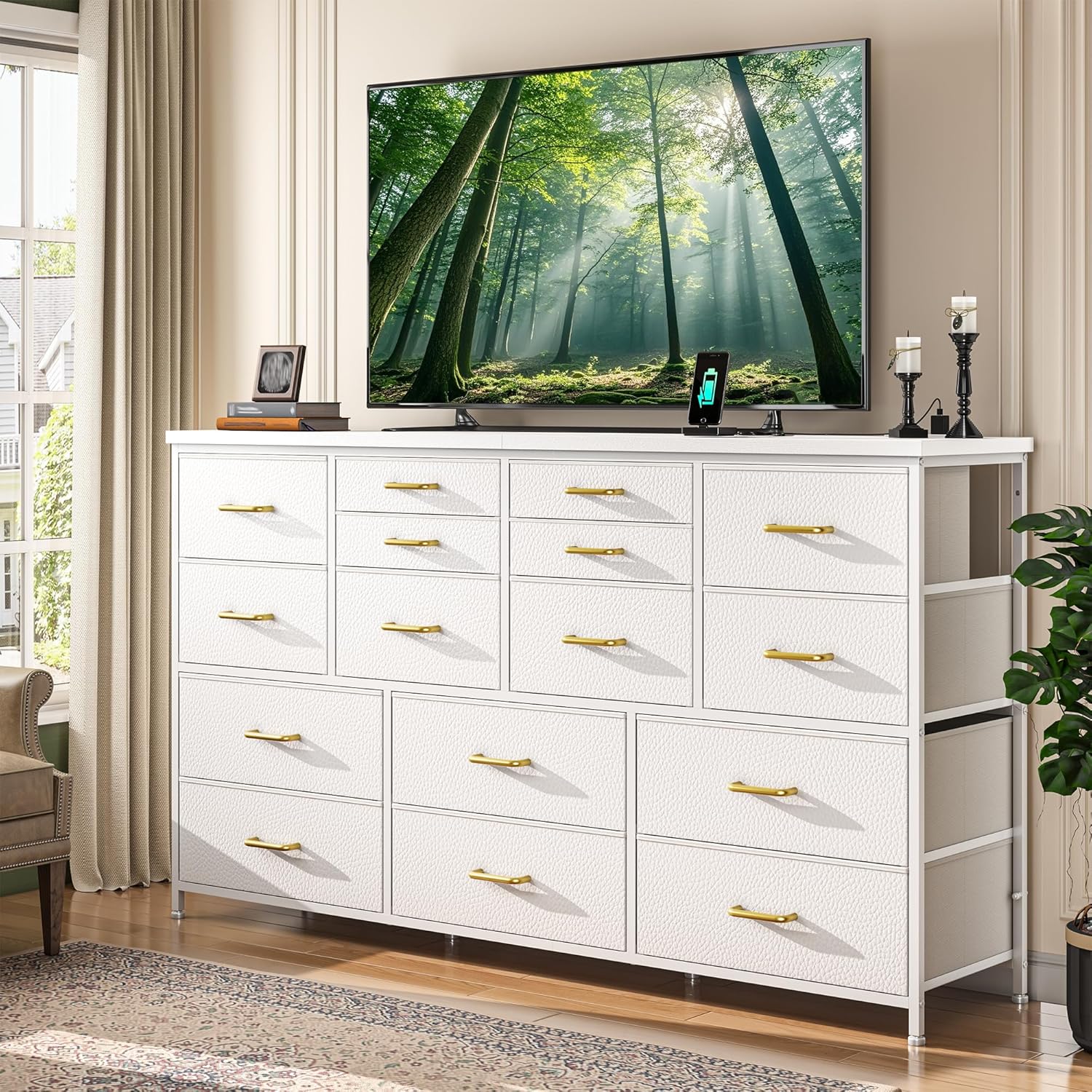 Dresser for Bedroom with 16 Fabric Drawers Long Dresser with Charging Station TV Stand for 60