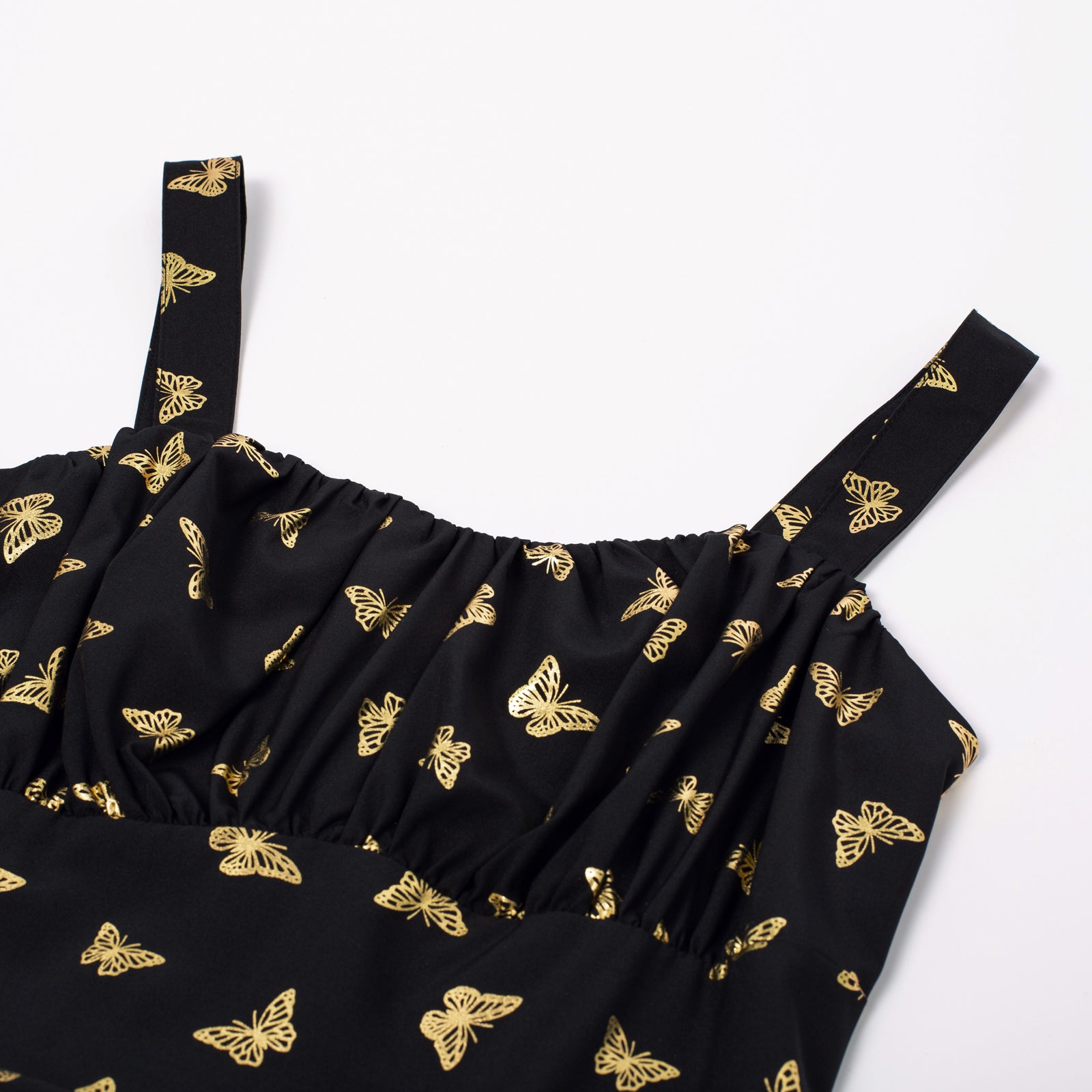 Vintage Sleeveless Butterfly Ruched A-Line Flowy Swing Midi Dress