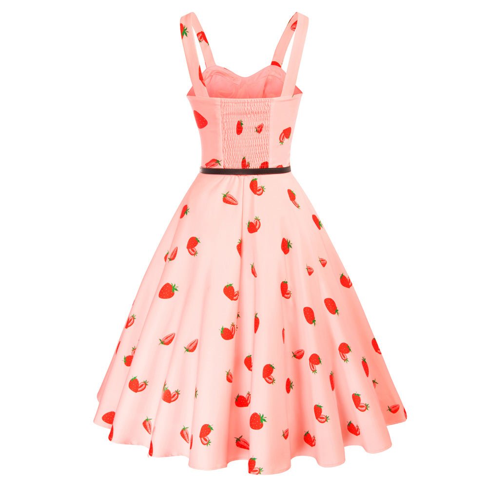 Strawberry Print Sweetheart Neck Flared A-Line Dress with Belt
