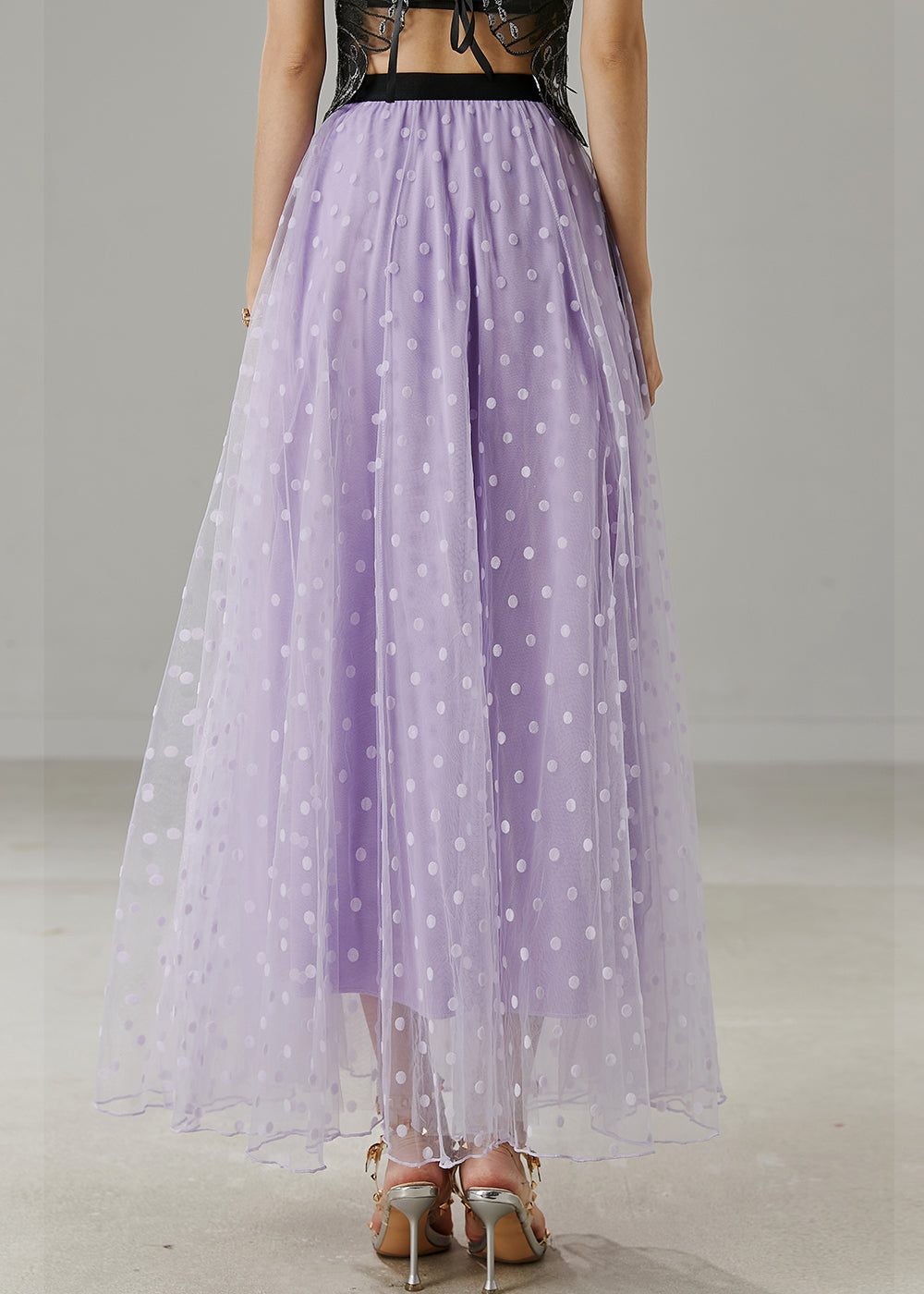 Purple Dot Print Tulle Skirt Elastic Waist Summer