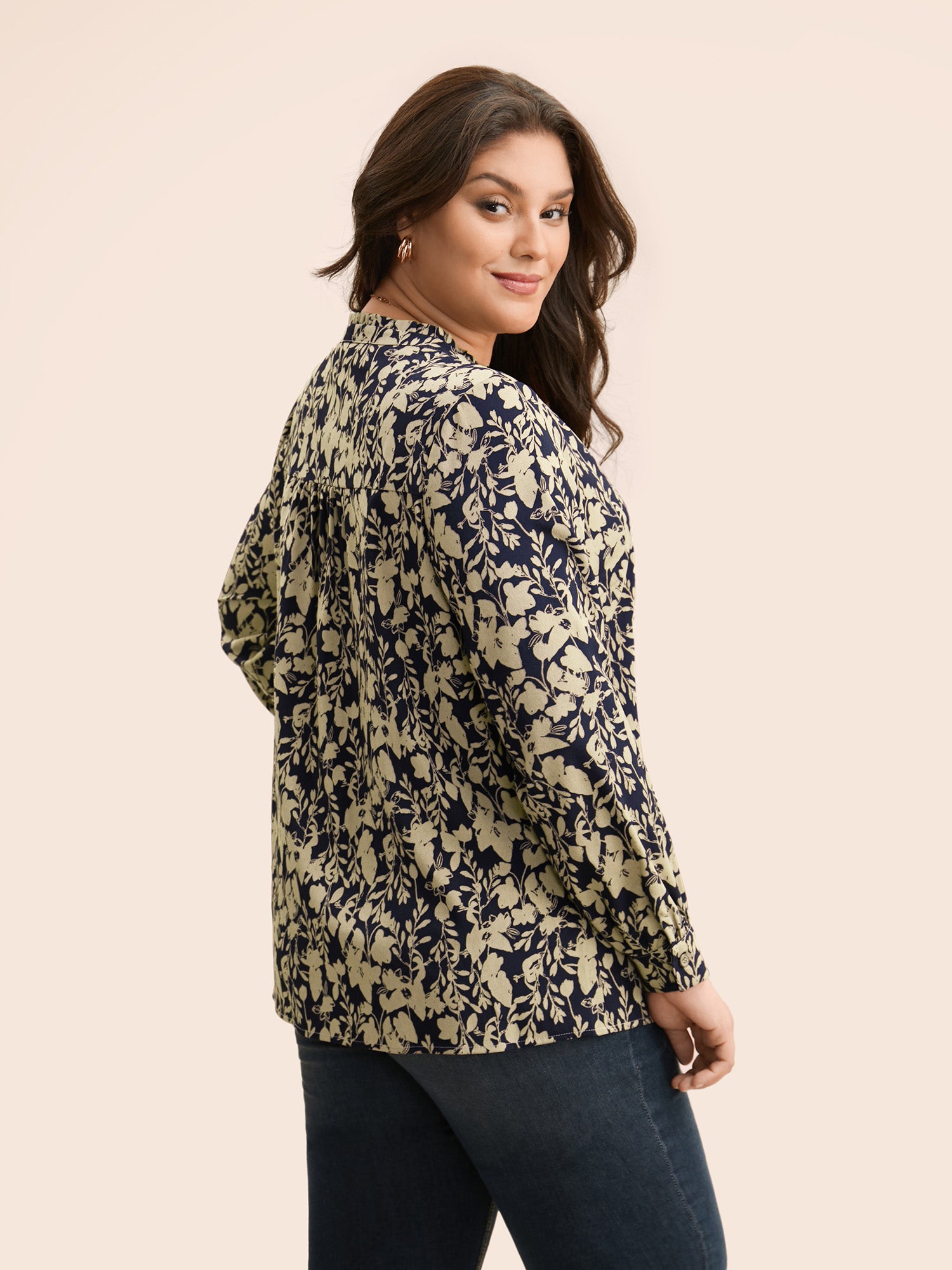 Silhouette Floral Print Notched Frill Trim Blouse