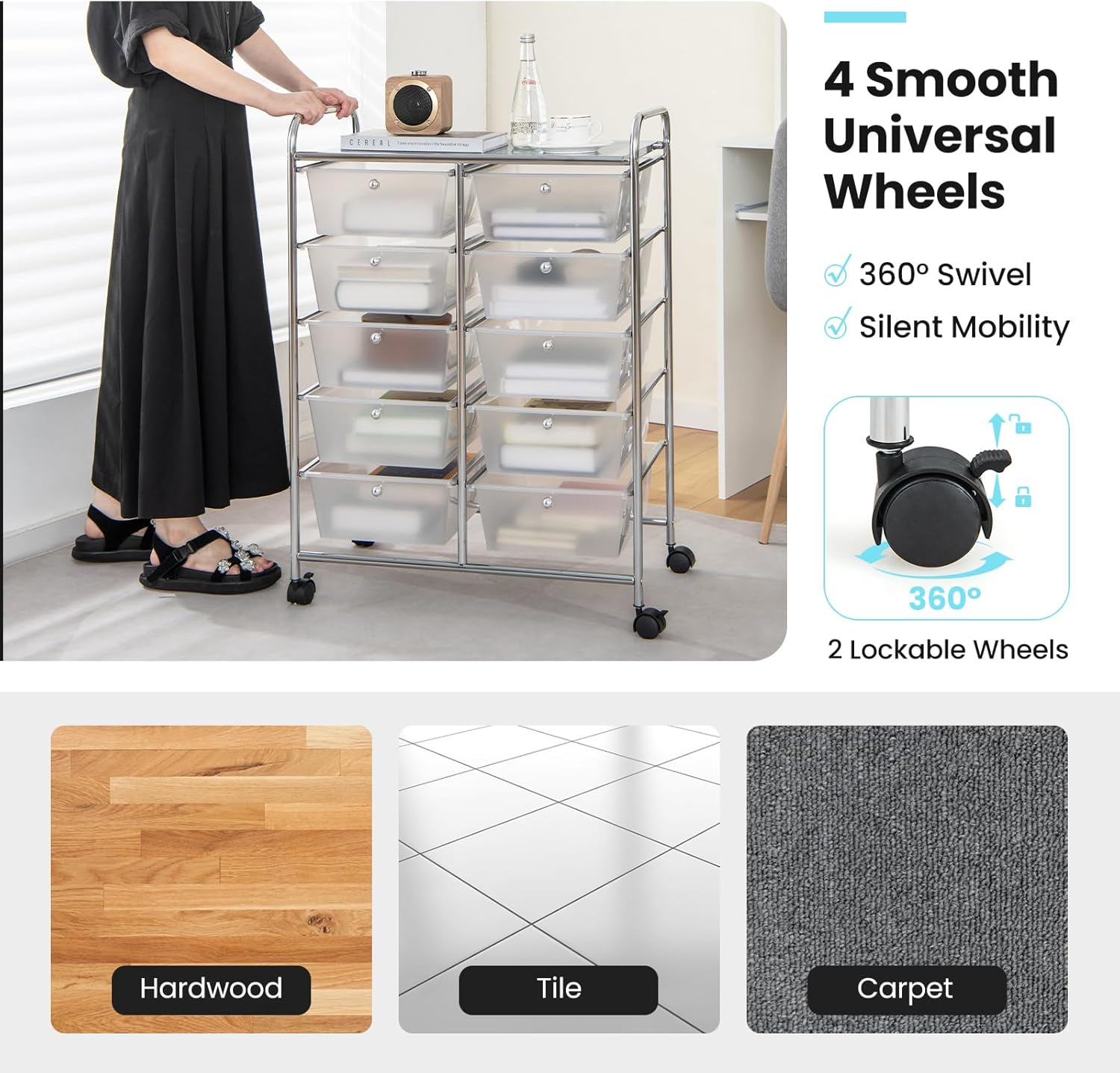 GIANTEX Stackable Storage Trolley with 10 Drawers with Lockable Wheels for Kitchen, Bathroom, Office, 65.5 x 37 x 87 cm