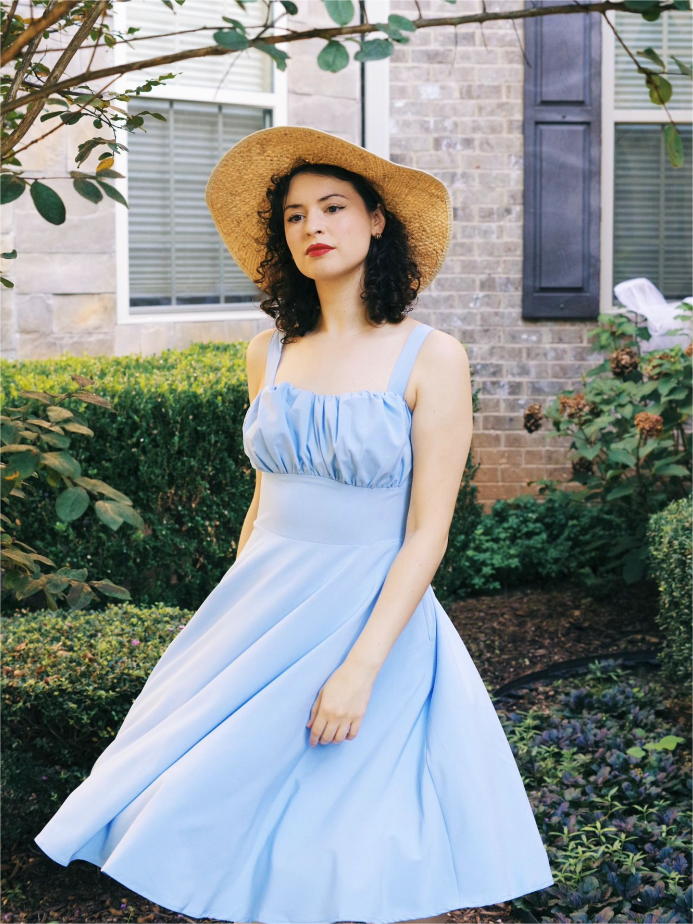 Vintage Solid Color Two-Way Defined Waist Dress Ruched Bodice Flared A-Line Dress