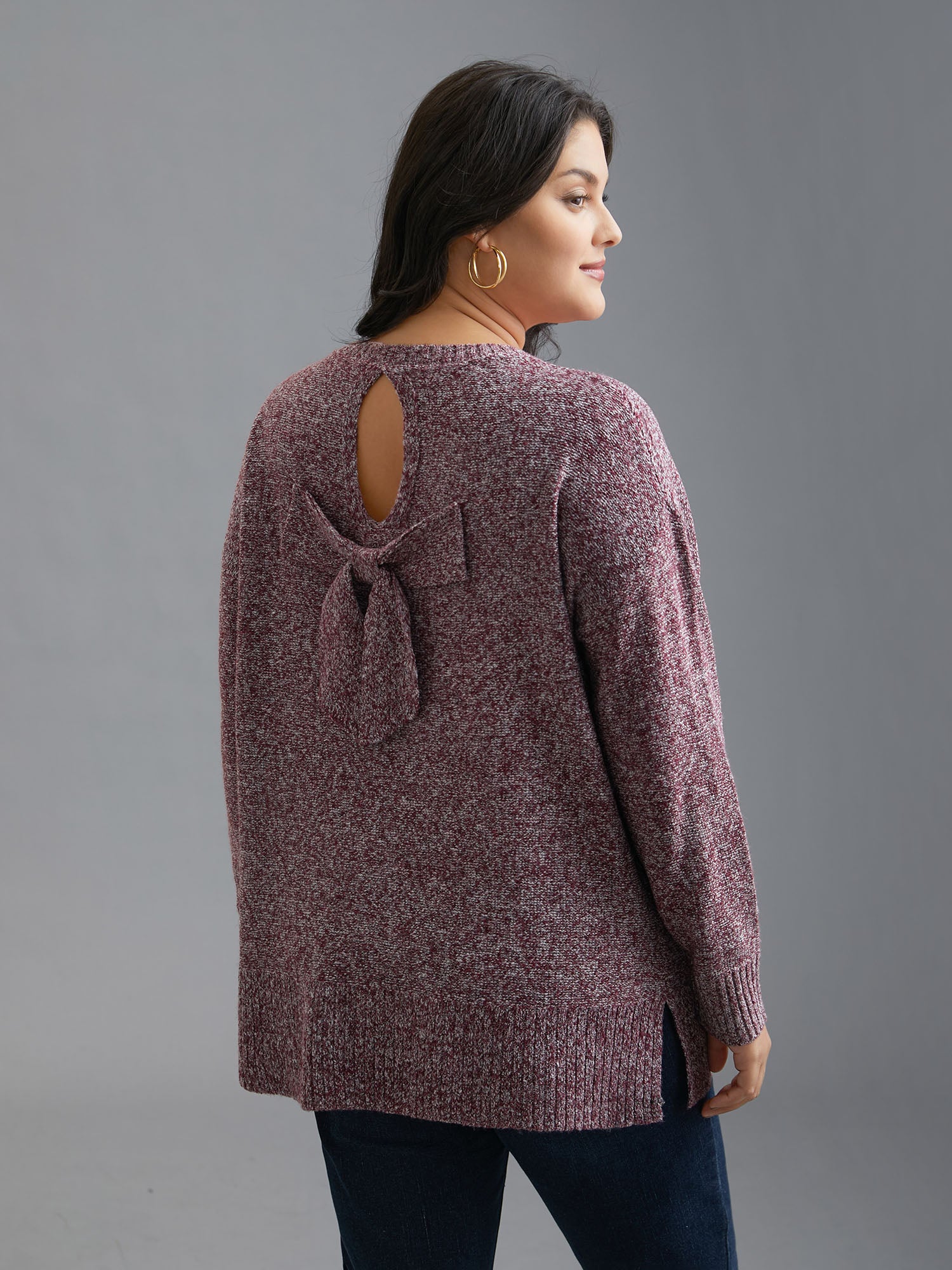 Texture Bowknot Cut Out Slit Hem Pullover