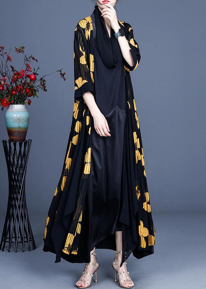 DIY Yellow Floral Summer Three Quarter sleeve Silk Long Loose Jacket