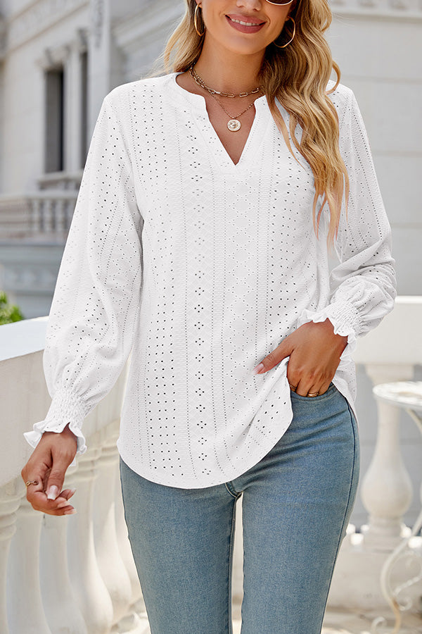 Solid color hollowed out gathered ruffle sleeve V-neck loose long-sleeved top