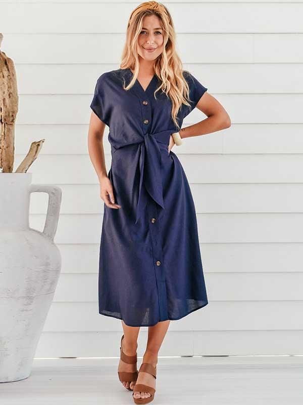 Button V-Neck Strap Dress