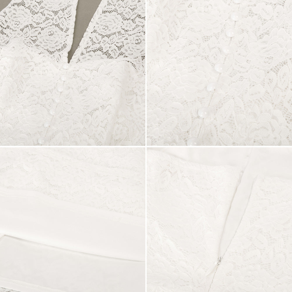 Vintage Halterneck Lace Dress V-Neck High-Low A-Line Dress