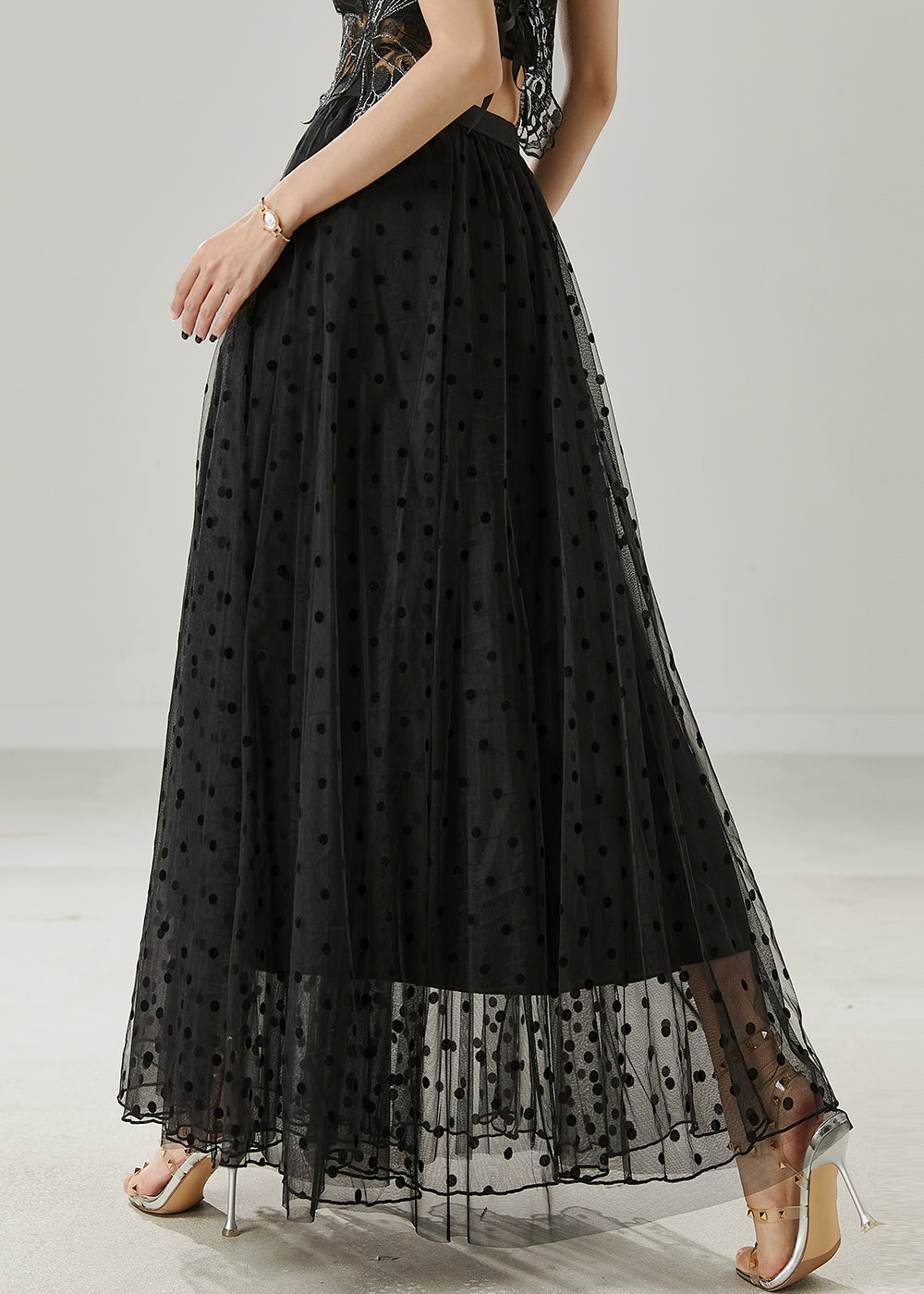 Fitted Black Dot Print Tulle A Line Skirt Summer