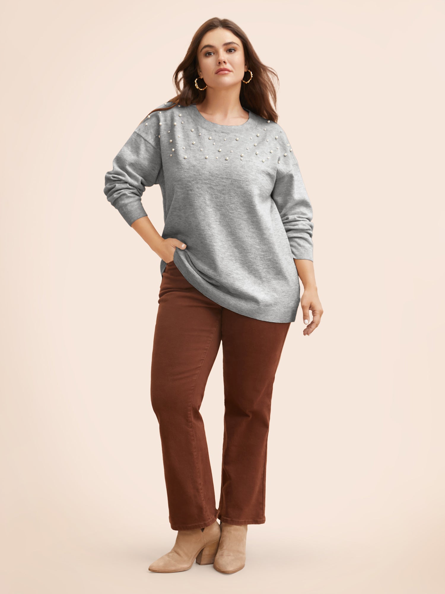 Round Neck Pearl Beaded Pullover