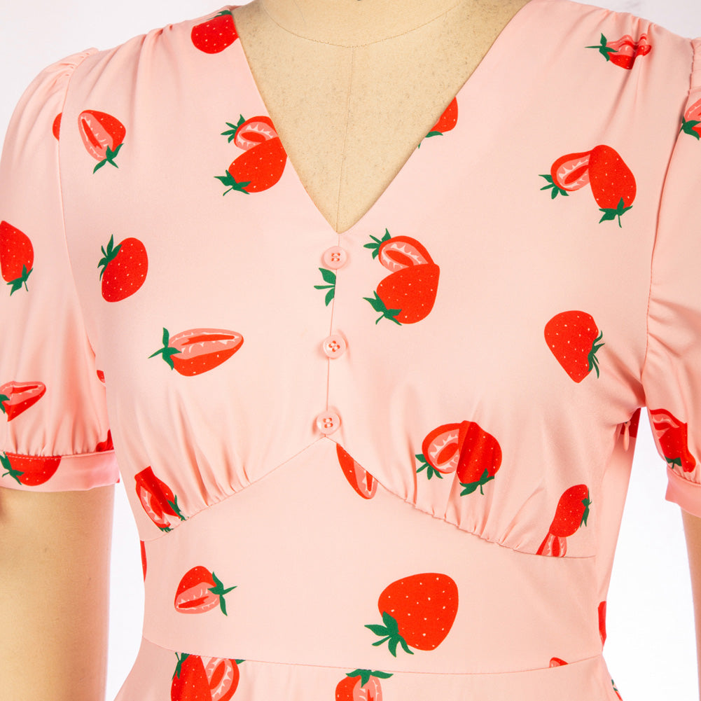 Strawberry Print Midi Casual Swing Dress Short Sleeve Vintage Beach Dresses