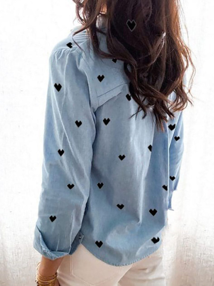 Love Lapel Button Long Sleeve Shirt