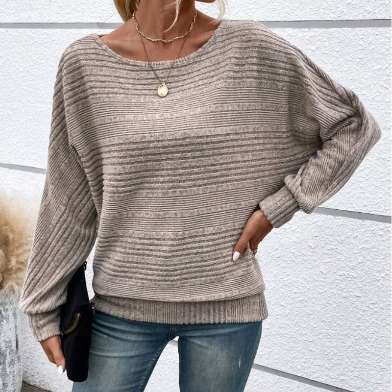 💜Solid Round-Neck Striped Top with Long Sleeves