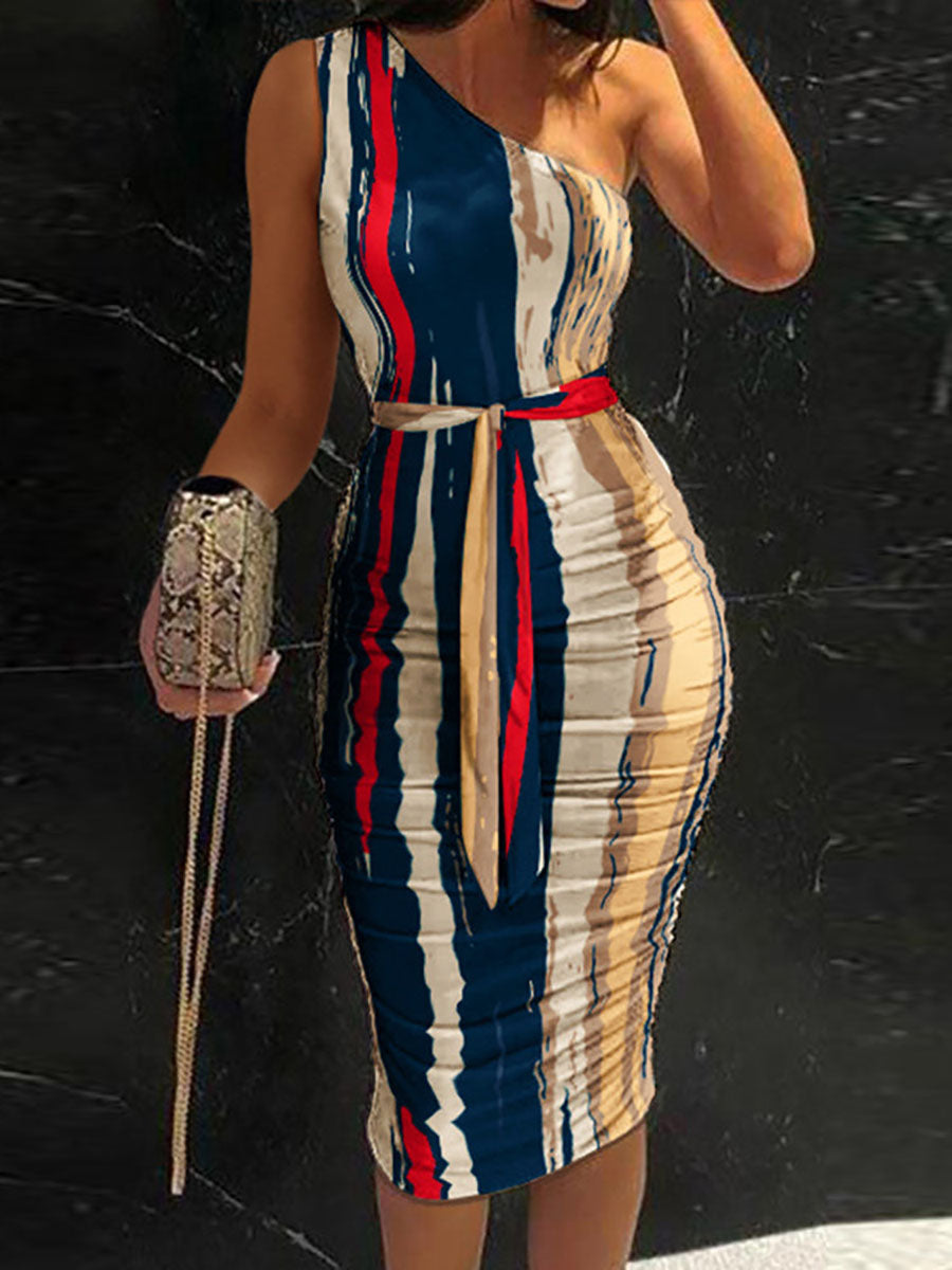 Abstract Print One Shoulder Ruched Bodycon Dress