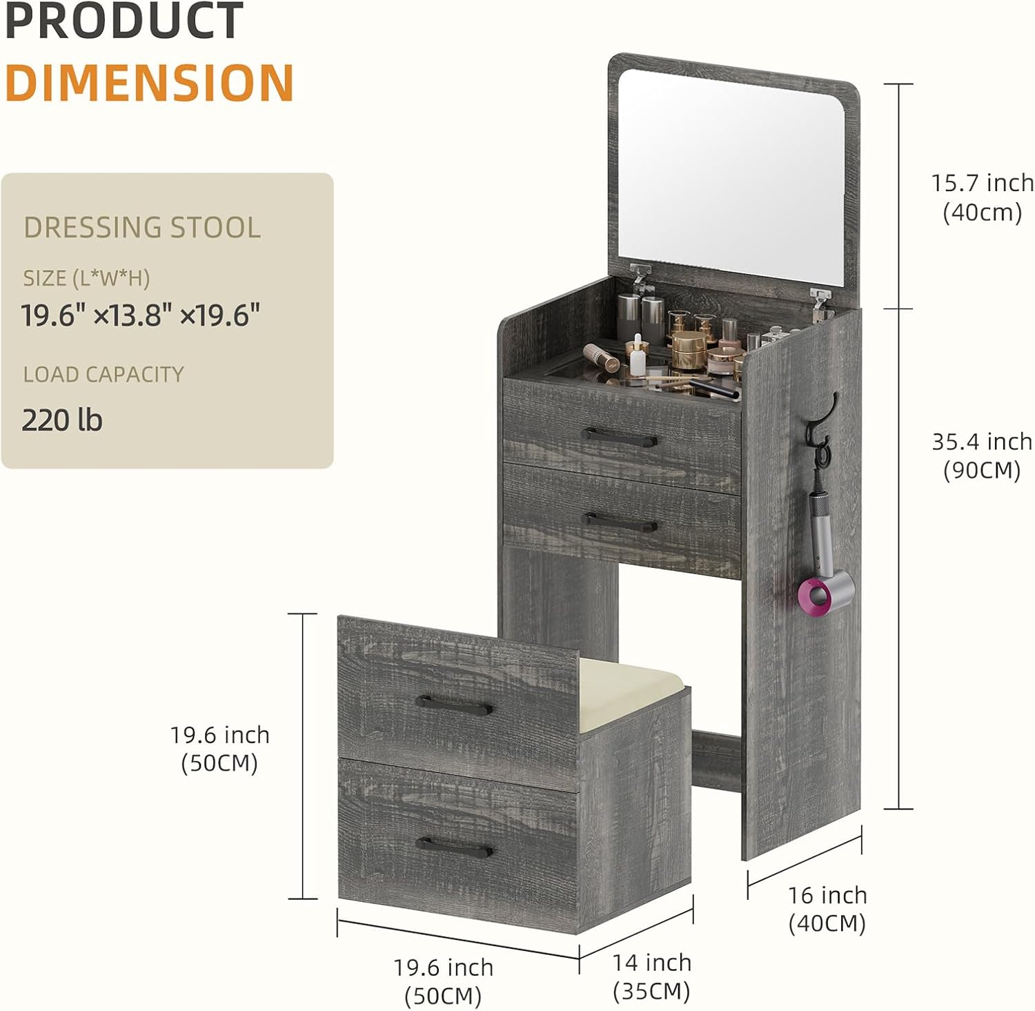 3 in 1 Vanity Desk with Flip Top Mirror for Bedroom