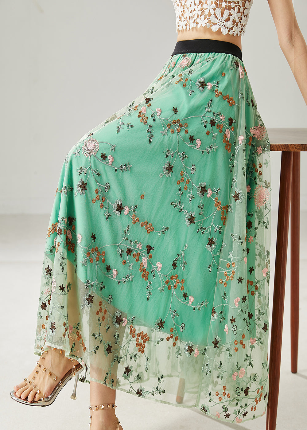 Green Embroidered Tulle Skirts Summer