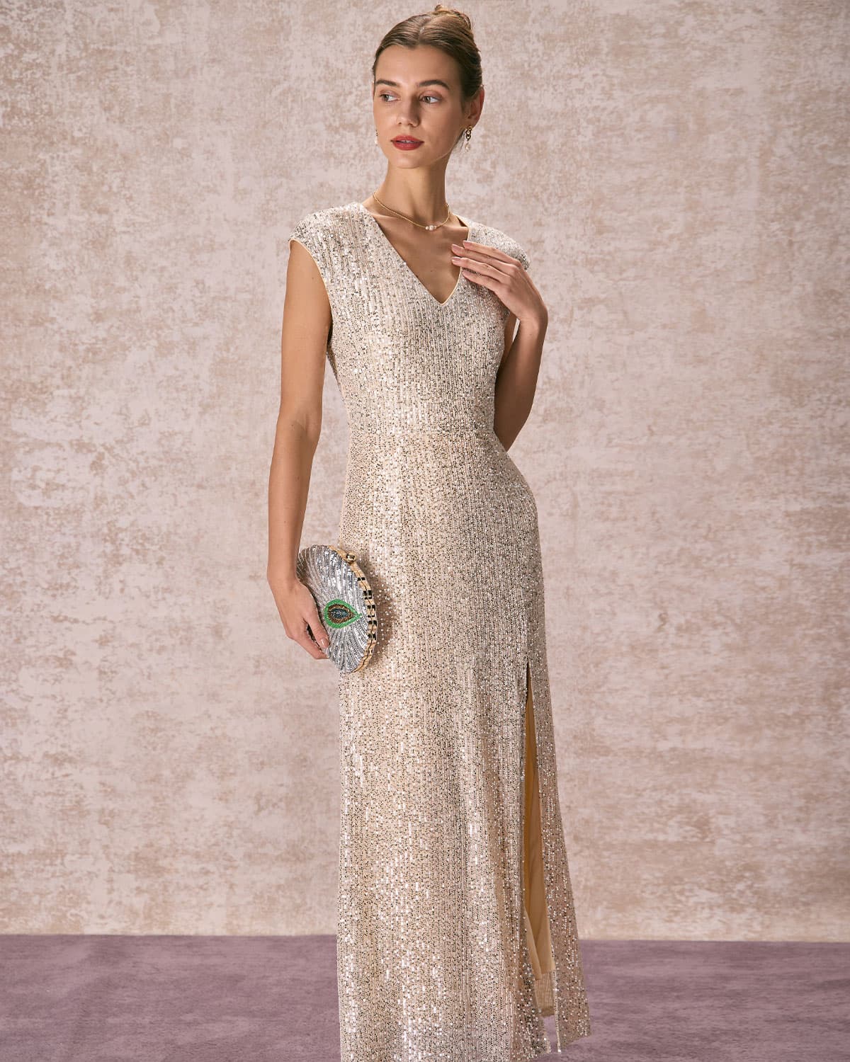 The Apricot V-Neck Sequin Maxi Dress