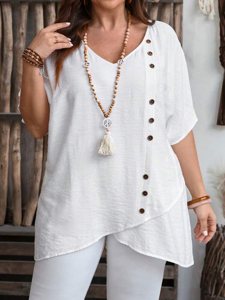 Plus Size Women's Summer Solid Color V-Neck Batwing Short Sleeve Loose Asymmetric Hem Blouse