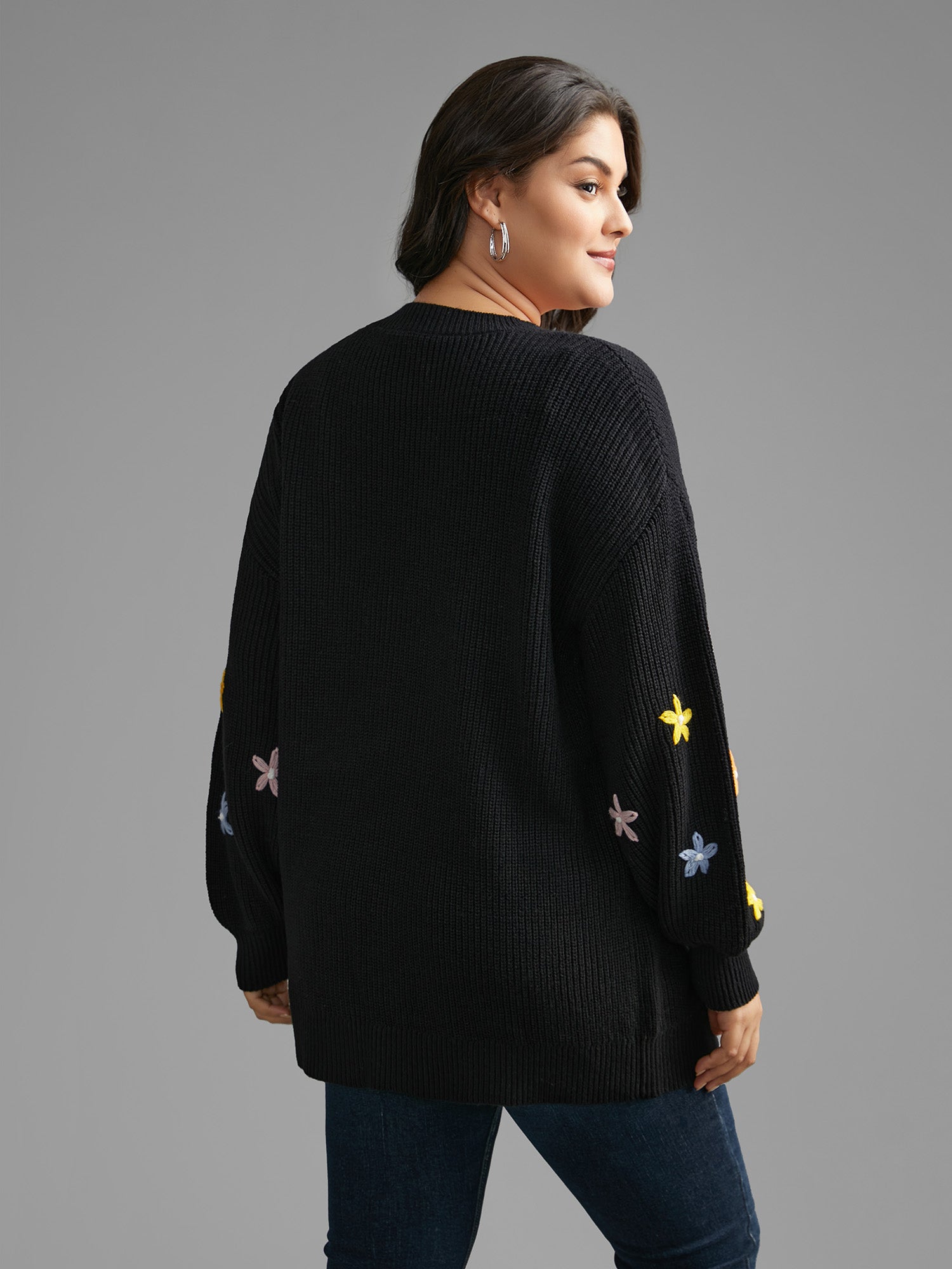 V Neck Crochet Floral Drop Shoulder Pullover