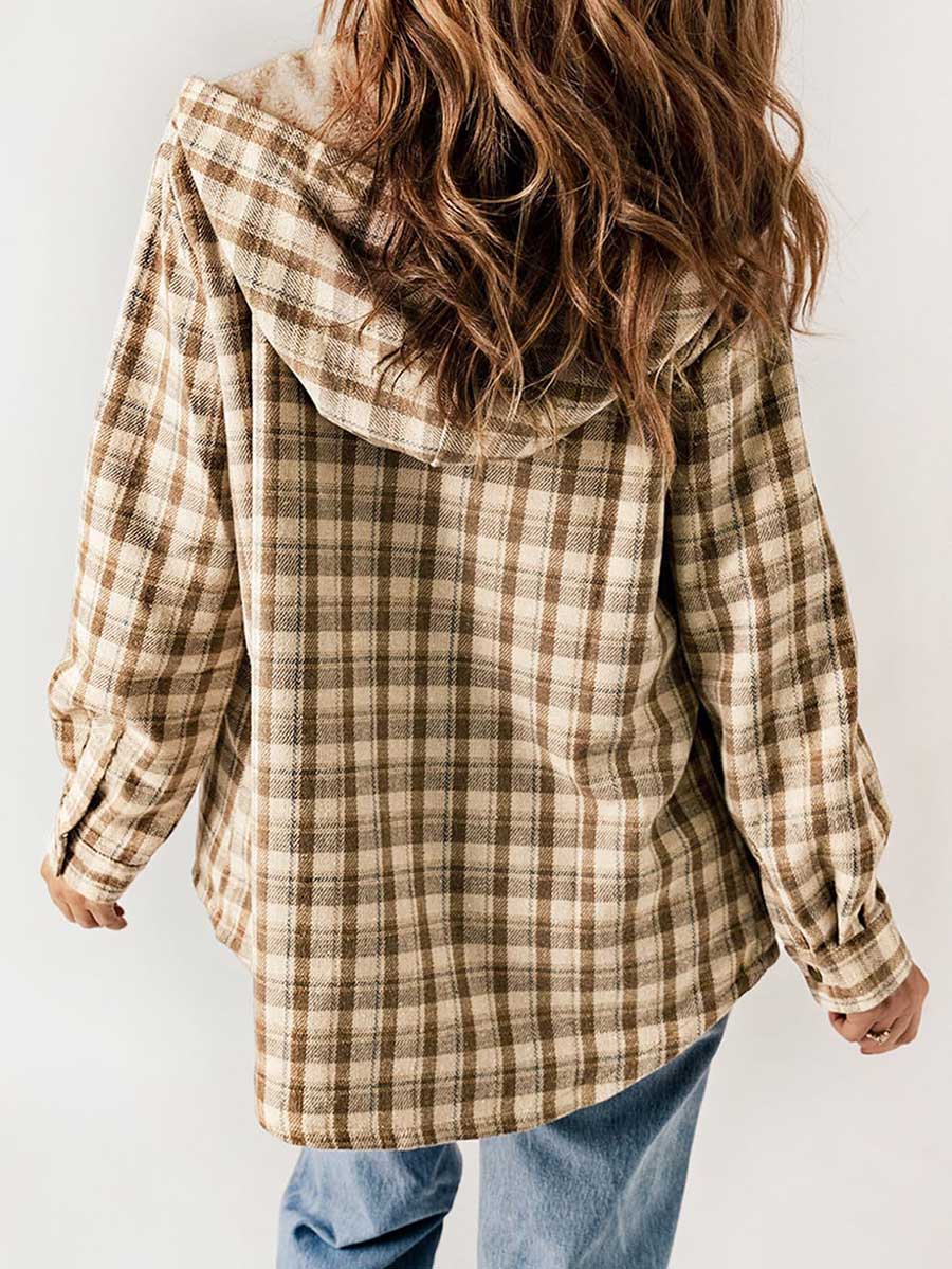 Plaid Long Sleeve Shirt Hooded Thickened Jacket