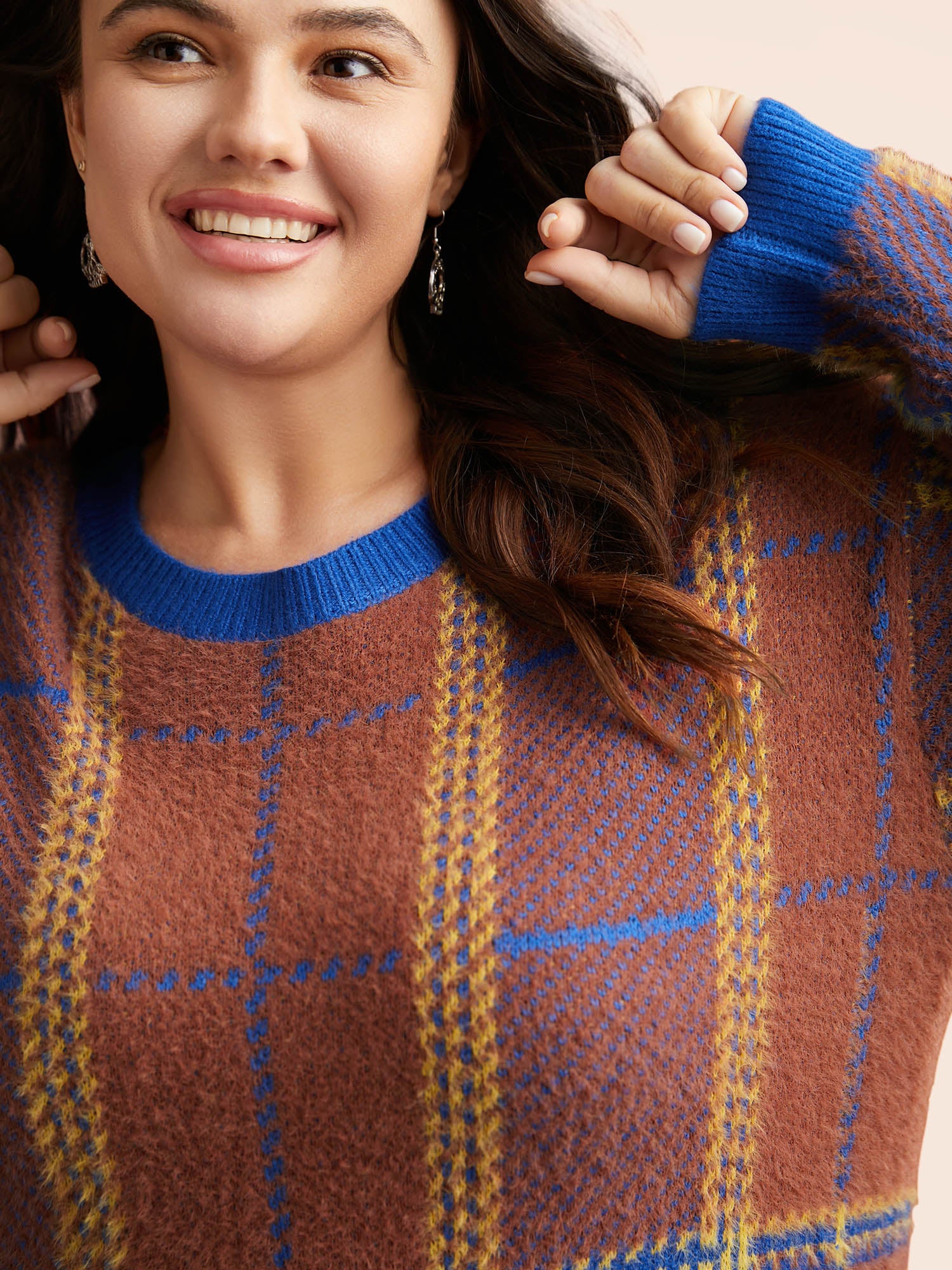 Plaid Texture Crew Neck Pullover