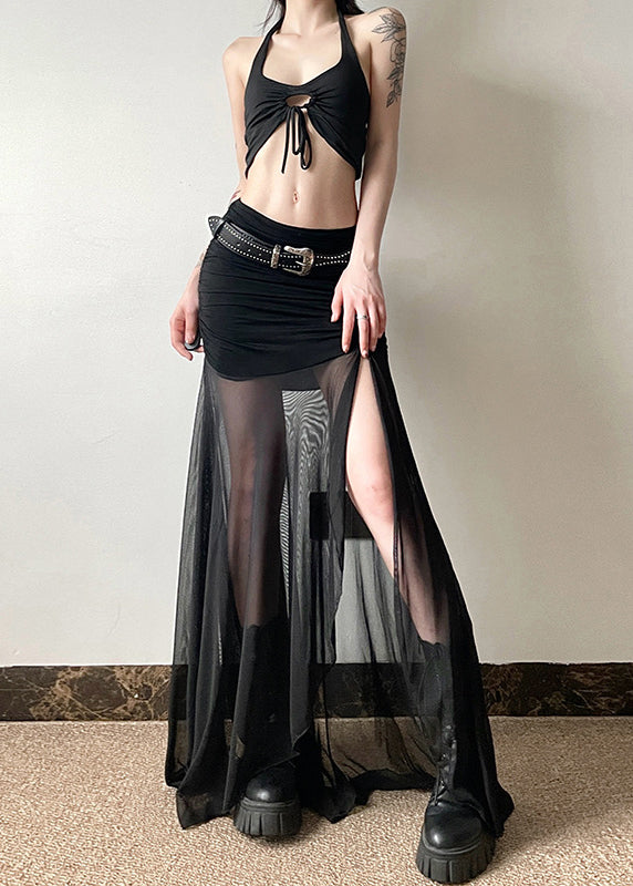 Beautiful Black Cinched Side Open Tulle Skirts Summer